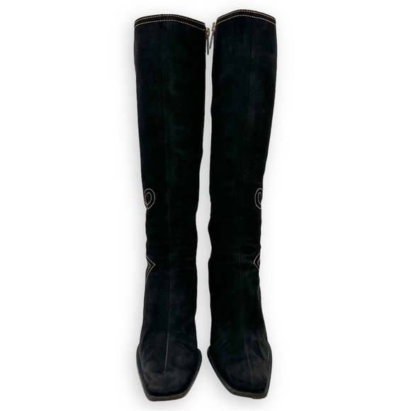 Bruno Magli Black Suede Orange Stitch Tall Block Heel Boots sz 36 - Picture 3 of 11